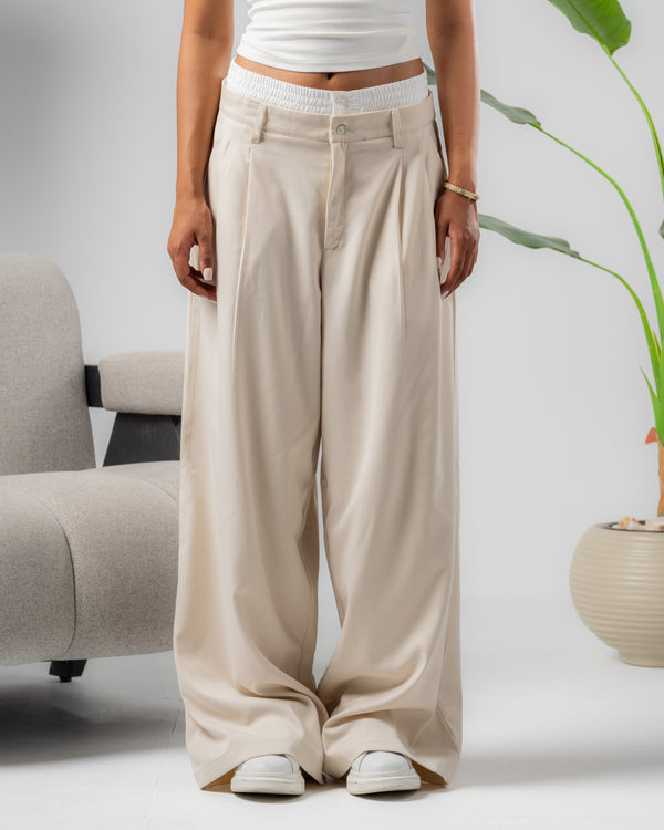 Beige Double Waist Wide leg pants