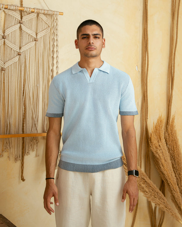 Baby Blue Two Tone Knit Polo