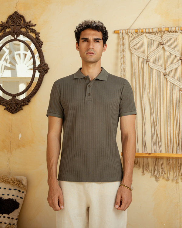 Olive Ribbed Line Polo
