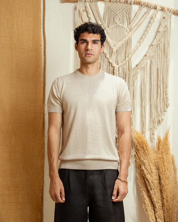 Beige Linen Knit Round T-shirt