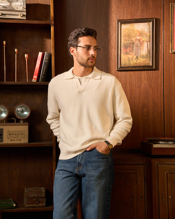 Offwhite Ribbed Knit Polo