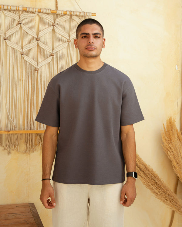Dark Grey Zigzag Oversized Textured T-shirt