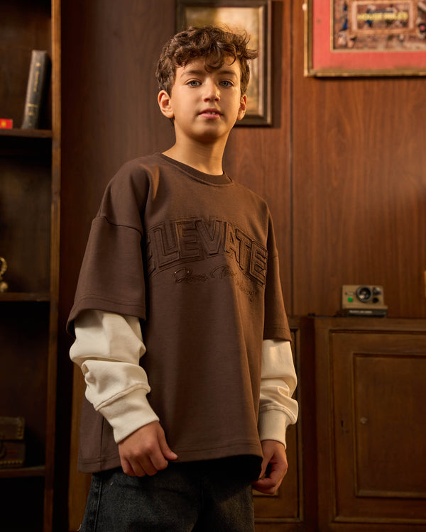 Brown Elevated Double-Sleeve Sweatshirt