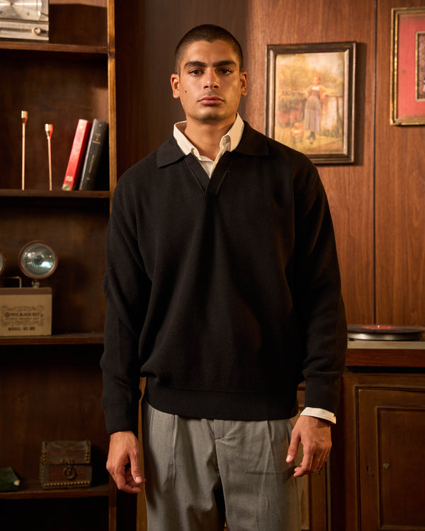 Black Ribbed Knit Polo