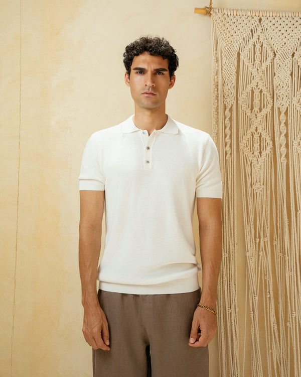 Textured Knit Polo Shirt Offwhite