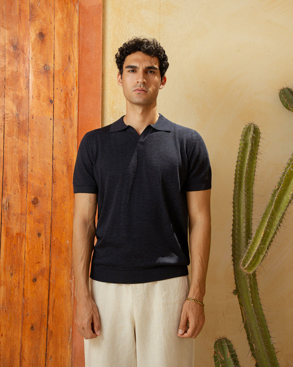 Navy Viscose Knit Polo Shirt