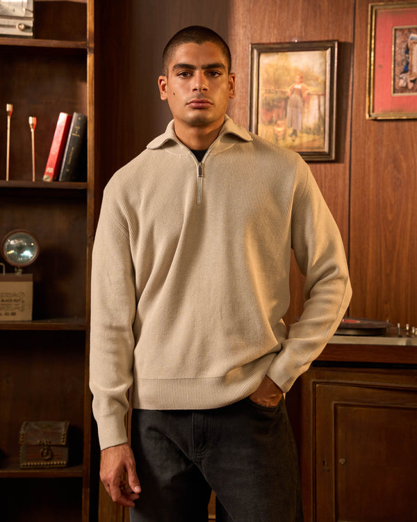 Beige Half Zip Knit Sweater