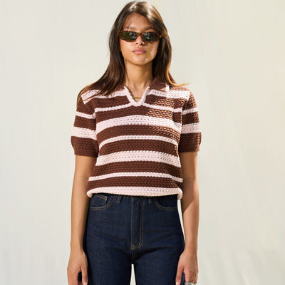 Dusty Blush Brown Stripe Knit Polo